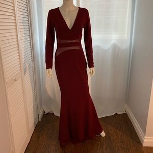 Deep V-neck Red Maxi Dress w/long sleeves